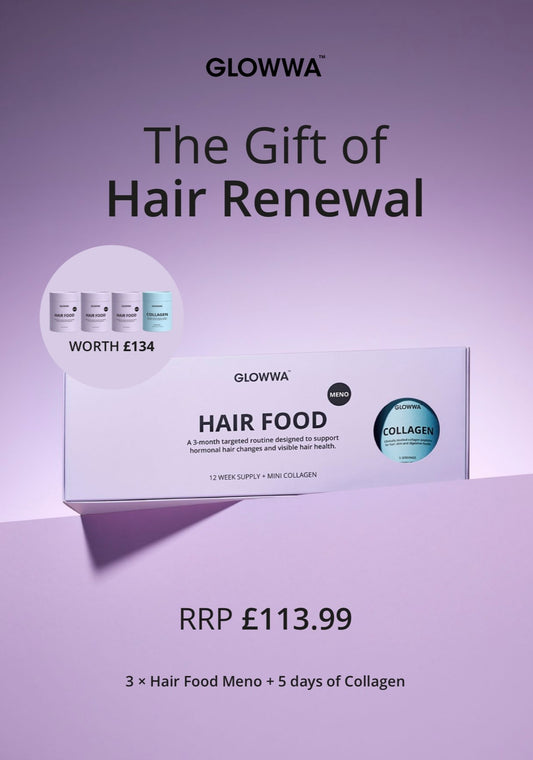 Promotional product graphic for GLOWWA Hair Food, showing a white product box on a lavender background with text reading 'The Gift of Hair Renewal,' 'WORTH £134,' 'RRP £113.99,' and '3 × Hair Food Meno + 5 days of Collagen.